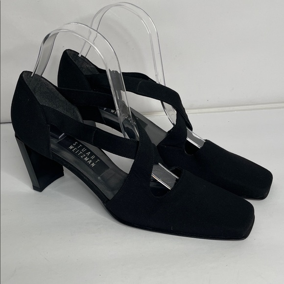 Stuart Weitzman Shoes - Stuart Weitzman Black Crisscross Square-Toe Block Heel Pumps